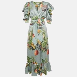 Eugenia Fernandez Sage Green Printed Satin Palma Maxi Dress Xs